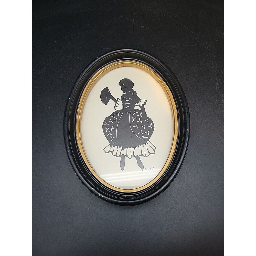 Vtg Laurene Rose Diehl Girl Woman Fancy Dress Fan Silhouette Art Black Framed